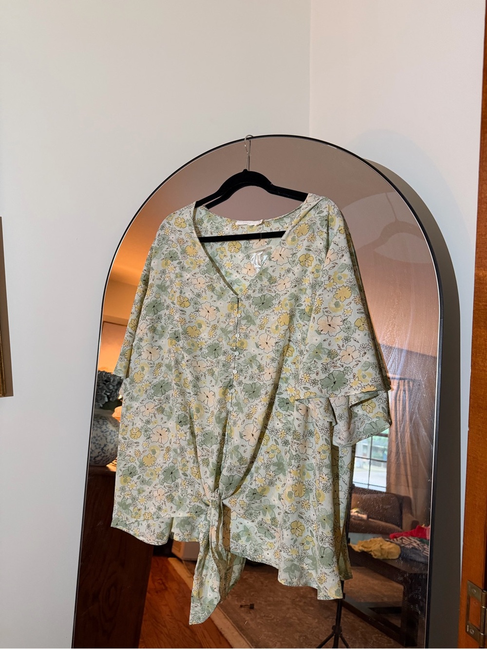 Lush Floral Tie-Front V-Neck Blouse - Green/Yellow/Cream
